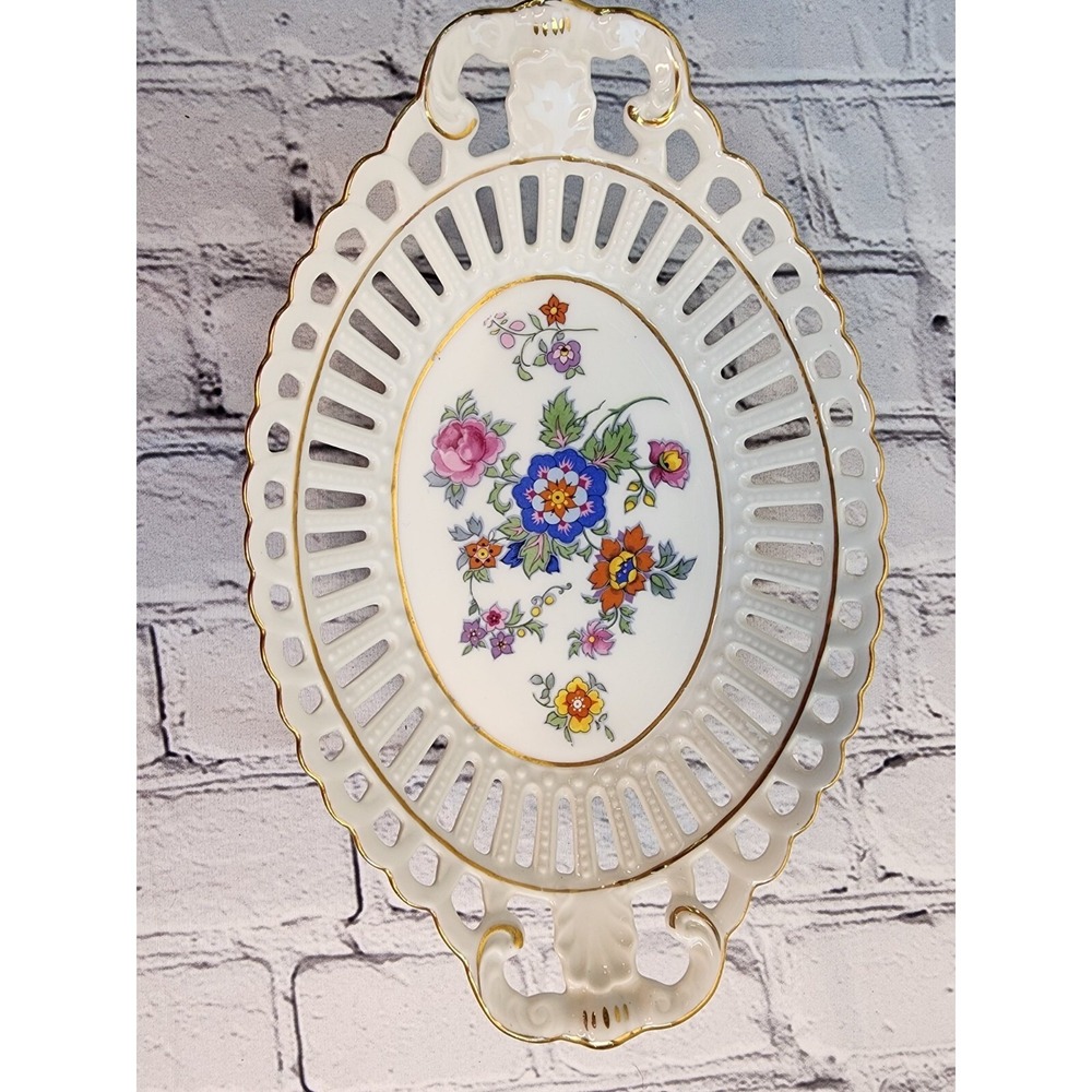 Schumann Arzberg Germany Reticulated Porcelain Floral Basket Gold Trim Oval Bowl